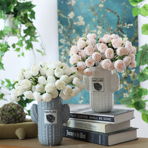 Ramo de rosas artificiales de té de 27 cabezas, rafia, flores de boda falsas, plantas verdes para decoración del hogar, arreglo de fotografía - Product Image 2