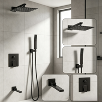 Ensemble de douche encastré noir carré en laiton avec mitigeur, pommeau de douche pluie et douchette à main pour salle de bain commerciale