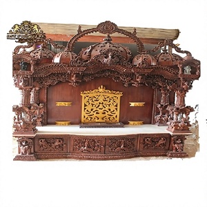 Large Wooden Handmade Temple For Home Big Mandir in Teak Wood with Brown Polish Traditional Heavy Carved Temple for Home USA - Product Image 1