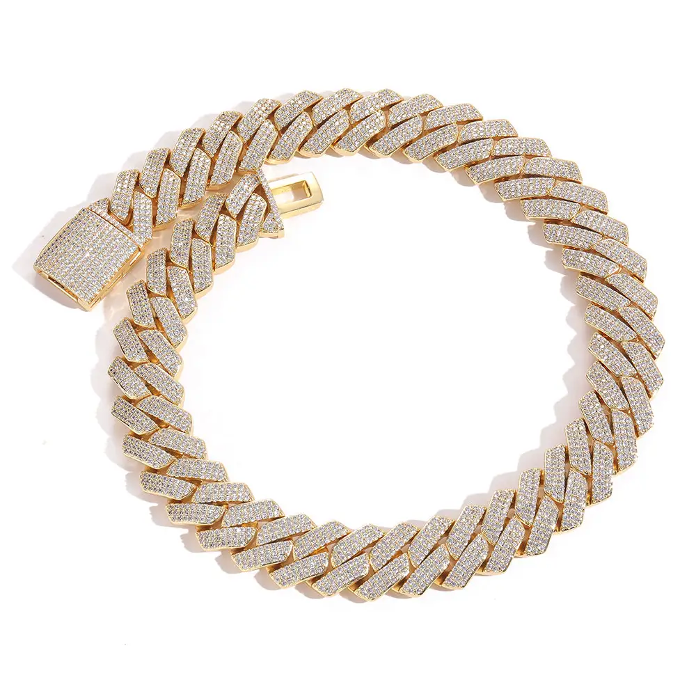 Wholesale Men Hip Hop Jewelry 20mm 3 rows Gold Chunky Necklace Iced Out Cz Prong Cuban Link Chain Necklace Diamond Cuban Chain