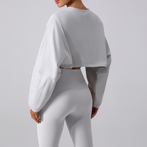 <span class=keywords><strong>Sudadera</strong></span> Deportiva Corta de Alta Calidad, Cuello Redondo, Corte Holgado, 220G, para Yoga y Running - Top de Manga Larga para <span class=keywords><strong>Mujer</strong></span> - Product Image 2