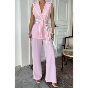 Conjunto de Pantalones y Chaleco con Detalles de Ribete Rosa y Cinturón para Mujer, Talla S - Product Image 4