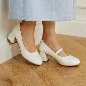 White PU Comfort Office Mary Jane Pumps with Buckle Strap Block <b>Heel</b> Pointed <b>Toe</b> All Seasons Women's Shoes - Product Image 1