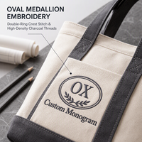 Sac fourre-tout en toile gris anthracite avec broderie personnalisée de blason ovale, sac à main bateau avec poche avant pour studio, trajets quotidiens et voyages