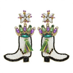Purple Green Gold <b>Beaded</b> Silver Plated Flower Design Drop Earrings for Women Festive Accessory for <b>Mardi</b> <b>Gras</b> Carnival Parades - Product Image 2