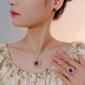 Fashion 12-10mm Red Cubic Zirconia Chinese Style Floral Necklace <b>Earrings</b> Ring 3Pcs <b>Set</b> Eco-friendly Copper Floral Jewelry <b>Set</b> - Product Image 6