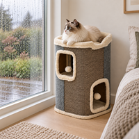 Lit pour chat d'intérieur rectangulaire moderne en peluche, avec double grotte, griffoir, jouets suspendus et lit surélevé