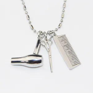 ZRM Fashion Cosmetologist Hair Dresser Silver Necklace Hair Dryer Scissor Comb Dangle Pendant Necklace Scissors Jewelry