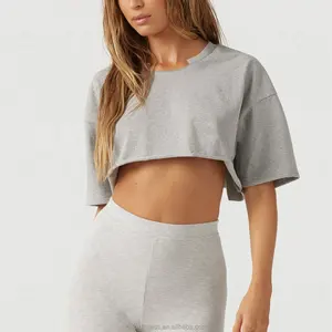 来样定做设计定制标志宽松光滑复古素棉实心Y2K超大号女式短袖短款缺口t恤