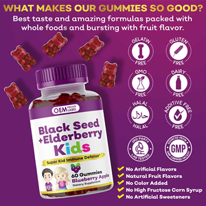 OEM Gummies à l'huile de sureau Gommes à l'huile de graines noires pour enfants Soutien immunitaire Détoxification à la zéolite avec vitamine C et zinc Gummies - Product Image 6