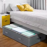 Boîte de rangement sous le lit en tissu gris, anti-poussière, pliable, avec couvercle en maille et compartiments séparateurs