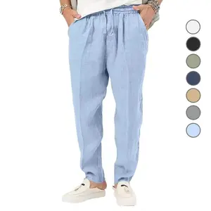 Pantalon d'été en coton et lin respirant de haute qualité Pantalon multicolore de sport décontracté Pantalon uni avec logo personnalisé pour hommes