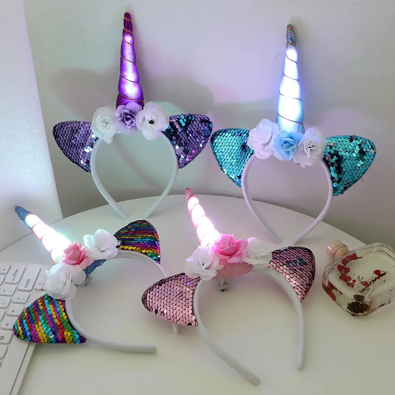 Niunicorn Unicorn kızlar parlayan pırıltı mutlu doğum günü kafa taklidi Led ışık Headbands bebek duş doğum günü süslemeleri