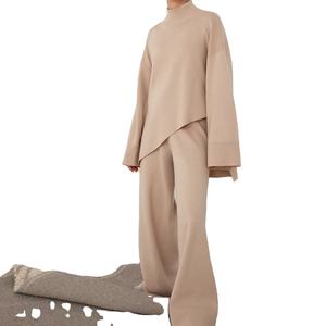 <span class=keywords><strong>Pantaloni</strong></span> Vintage lavorati a maglia da <span class=keywords><strong>donna</strong></span> set di <span class=keywords><strong>pantaloni</strong></span> larghi a tinta unita completi maglione irregolare Pullover abiti Casual per l'autunno - Product Image 1