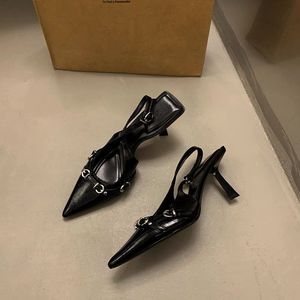 Elegantes Stilettos de Tacón de Aguja con Punta en Pico, de Charol Negro y Seda, con Pedrería, Estilo Slip-On, con Sandalias para Mujer, Ideales para Fiestas y Eventos - Product Image 4