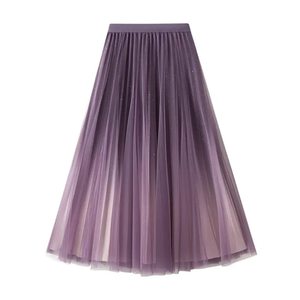 Falda midi plisada de gasa transpirable con degradado, corte A, estilo imperio, informal, de tul, con lentejuelas de estrella, para uso diario, con capas - Product Image 1