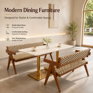 Panca e sedie con struttura a A in legno scuro e cuscini intrecciati, tavolo da pranzo per ristorante con piano in marmo bianco e piedistallo dorato per caffè e bistrot - Product Image 2