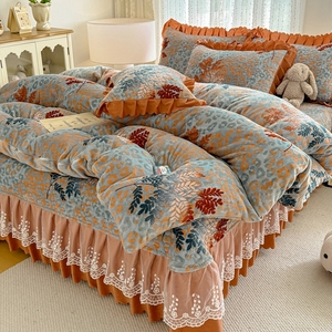 <strong>Double</strong>-layer Lace Trimmed, Soft Jersey Printed Bed Set with Four Pieces Bed <strong>Sheets</strong>, Pillowcases, Duvet Cover Sets - Product Image 1