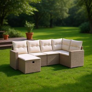 Ensemble de canapés de jardin modulaires en polyrotin beige, meubles d'extérieur confortables avec coussins en mousse haute densité, design contemporain - Product Image 2