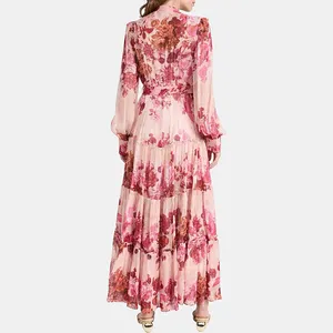 TWOTWINSTYLE Großhandel Vintage Hit Farbdruck Kleid für Damen Rundhalsausschnitt Laterne Ärmel Hohe Taillenkleider für Damen