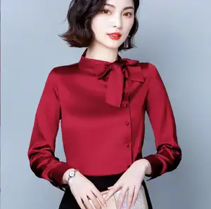 Kadın ipek uzun kollu şifon gömlek düz renk yay standı yaka moda ofis bluz sonbahar yeni saten düğme yukarı bluz