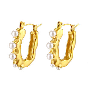 Pendientes de Aro en Forma de U con Perlas Imitación y Chapado en Oro de 18k para Mujer - Product Image 1