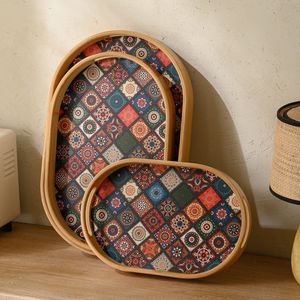 Ensemble de plateaux de service en bambou avec motif de carreaux floraux pour la maison, les collations, les fruits, le café, le thé et le rangement - Product Image 1