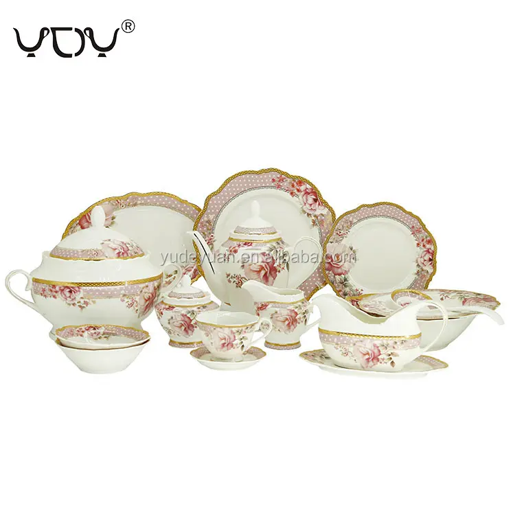 YDY OEM Design Pink Floral Design Luxury English Fine Porcelain Modern Bone China Dinner Set