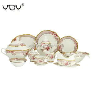 YDY OEM设计粉色花卉设计奢华英国精致瓷器现代骨瓷餐具套装