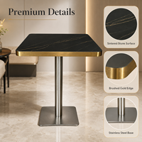 Ensemble table et chaises de bistrot en pierre frittée de luxe avec base en métal doré pour hôtel, café, restaurant, usage commercial