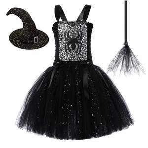 Nieuwe Halloween Heks Set Spin Cosplay Kostuum Voor Meisjes Zwart Mesh Pailletten Pompadour Jurk - Product Image 1