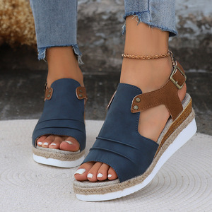 Women Retro Wedge <b>Sandals</b> Summer Thick Sole Color Block Hemp Rope Peep Toe <b>Sandals</b> - Product Image 6