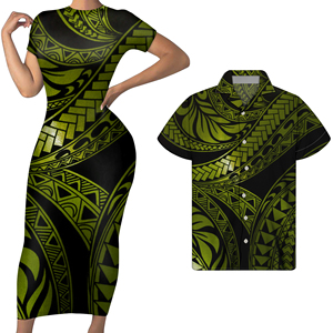 Robe moulante à manches courtes et imprimé à rayures tribales polynésiennes colorées étincelantes femmes Match hommes chemises ensemble de vêtements personnalisés pour Couple - Product Image 1