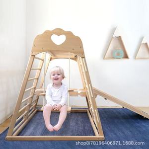 Wooden Climbing <b>Frame</b> Indoor Play Set With Slide And <b>Swing</b> For Kids Unisex Natural Wood Color Geometric Shape KHG-6 - Product Image 4