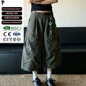 Pantalon cargo capri plissé vert foncé pour homme, coupe large, en coton lavé, multi-poches, décontracté, coupe courte, prix de gros - Product Image 1