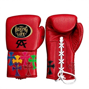No Boxing No Life Gants de boxe en cuir rouge avec lacets au poignet et motif croisé coloré pour adultes - Product Image 1