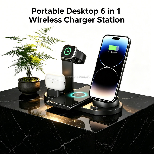 Luxury Phone Accessories Travel 15W Desktop Stand Multifunction Magnetic for Watch Earphone for iPhone 6 in 1 Wireless Charging