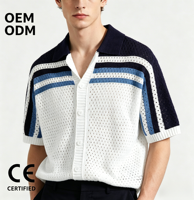 Polo-cardigan en maille pour homme, OEM ODM, personnalisé, à rayures, color-block, ajouré, à manches courtes, boutonné, décontracté, vintage, tricoté