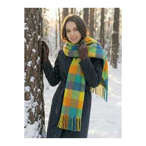 Écharpe d'hiver en tricot moelleux et coloré, bleu, vert, jaune, orange, à carreaux, avec pompon, imprimé cachemire, motif à carreaux - Product Image 2