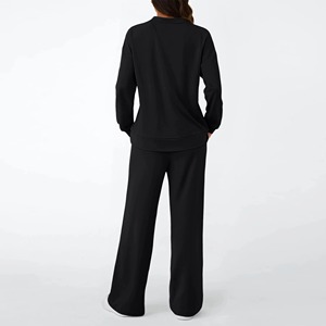 Ensemble décontracté en maille noire 2 pièces pour femme, col rond, manches longues, coupe ample, couleur unie, toutes saisons - Product Image 4