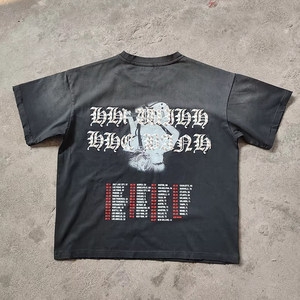 Camiseta XJYD de Alta Calidad para Hombre, Estilo Urbano, Personalizada con Pedrería, Serigrafía, Parches, Dobladillo Irregular, Corte y Costura, Lavado con Efecto Diamante - Product Image 3
