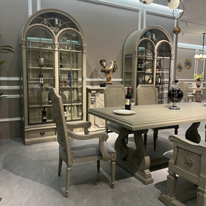 Ensemble de table à manger, chaise et armoire à vin en bois massif de style scandinave, finition brossée antique, style ferme, <span class=keywords><strong>hôtel</strong></span>, restaurant, OEM - Product Image 3