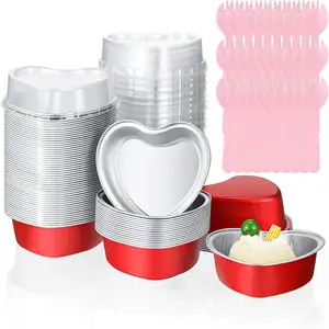 Hartvormige Taartvormen Met Deksels 3.4Oz Wegwerp Hart Muffinblik Aluminium Hartfolie Bakcontainer