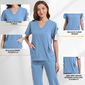 Women Scrub Set Blue V Neck Short Sleeve Top And Pants Moisture Wicking Hospital Uniform For Doctor Nurse Workwear - Product Image 2