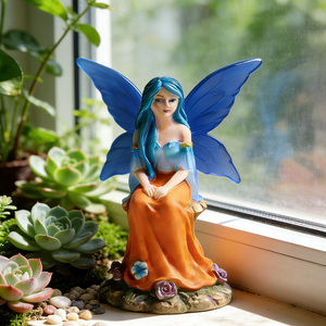 Escultura de Resina de Hada de Fantasía Personalizada, Vestido Azul y Naranja, Chica Hada Pintada a Mano Sentada en una Base de <span class=keywords><strong>Roca</strong></span> con Flores Coloridas - Product Image 1