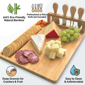 Planche à <span class=keywords><strong>fromage</strong></span> en <span class=keywords><strong>bambou</strong></span> naturel avec un ensemble de 4 couteaux, grande planche à charcuterie en bois, <span class=keywords><strong>plateau</strong></span> de service pour fête, coffret cadeau - Product Image 2