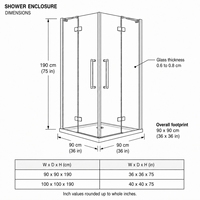 Cabine de douche carrée moderne 900x900x1900mm avec verre transparent de 6-8mm et portes à double charnière pour salles de bain