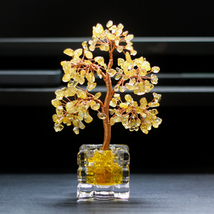 <b>Crystal</b> <b>Tree</b> Yellow Citrine Wire Craft Glass Cube Base Home Office Desk Ornament Decoration Gift - Product Image 1