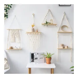 Estante de pared de macramé hecho a mano con patrón personalizado, accesorio decorativo de madera para colgar en la pared