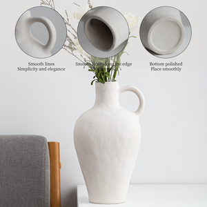 Ceramic White Flowers <strong>Vases</strong> Large <strong>Size</strong> Small-mouth Desktop Decoration <strong>Vase</strong> Simple Hand Made Stone <strong>Vase</strong> with Handle - Product Image 1